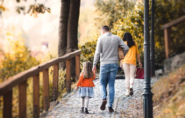 Une vue arrière de la jeune famille avec des enfants marchant dans le parc en automne . — Photo