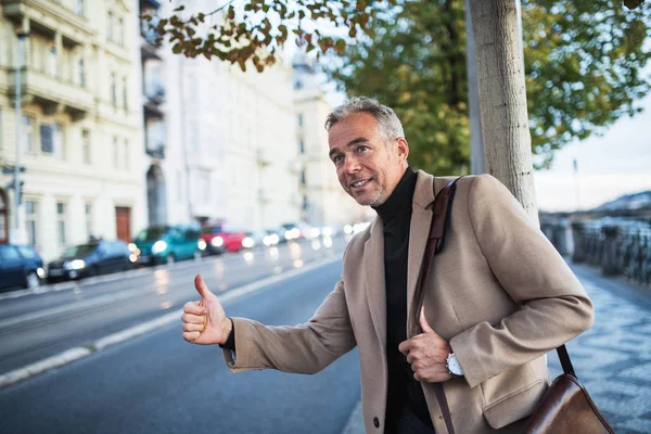 タクシー タクシーを呼び止める成熟したビジネスマン街の通りの上に立って、彼の手を上げる. — ストック写真