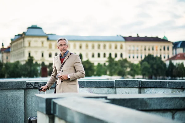 Hombre de negocios maduro con maleta de pie en un puente en la ciudad de Praga . — Foto de Stock