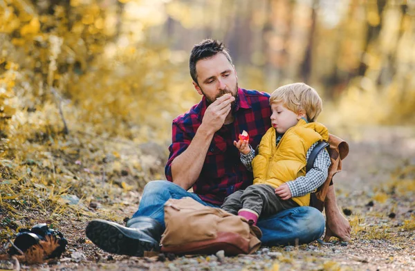 Dospělí a otec se synem batole sedí na zemi v podzimním lese. — Stock fotografie