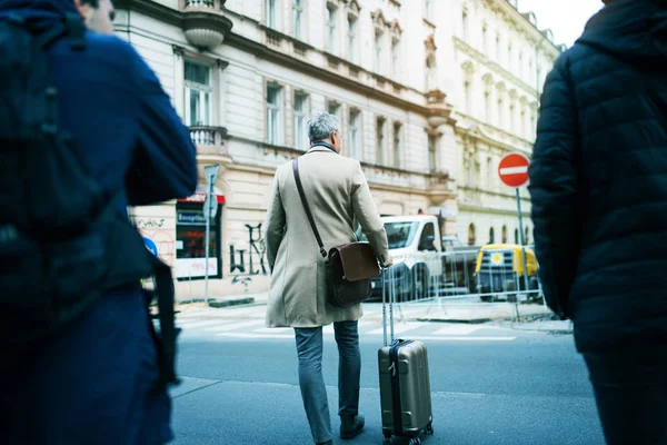 En bakre vy av mogen affärsman med resväska promenader i Prag stad. — Stockfoto