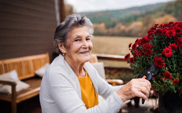 En äldre kvinna utomhus på en terrass på en solig dag i höst. — Stockfoto