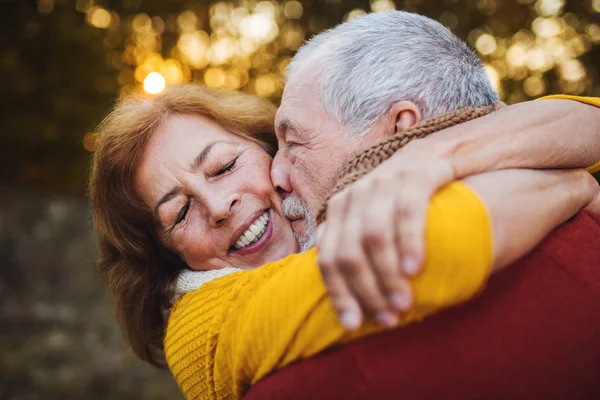 A senior couple standing in an autumn nature at sunset, hugging and kissing. — Stock Photo, Image