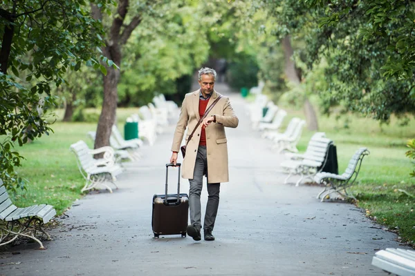 Зрелый бизнесмен с чемоданом гуляющий в парке в городе, проверяющий время . — стоковое фото