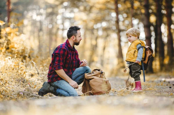 A mature father with backpack and toddler son in an autumn forest. — Stock Photo, Image