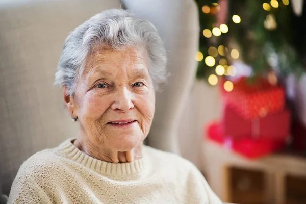 Ett porträtt av en äldre kvinna i rullstol hemma i juletid. — Stockfoto