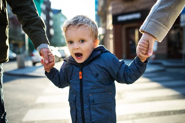 시에 야외에서 산책 하는 인식할 수 없는 부모와 함께 작은 유아 소년. — 스톡 사진