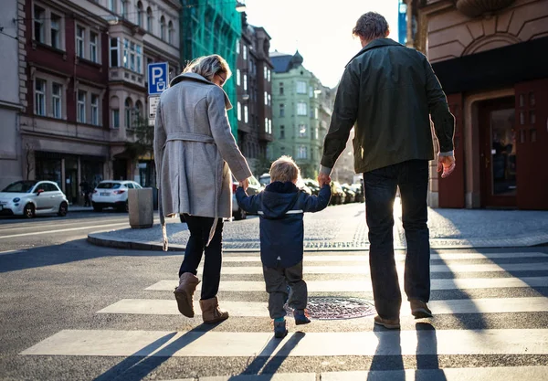 Een achteraanzicht van kleine peuter jongen met ouders kruising een weg buiten in de stad. — Stockfoto