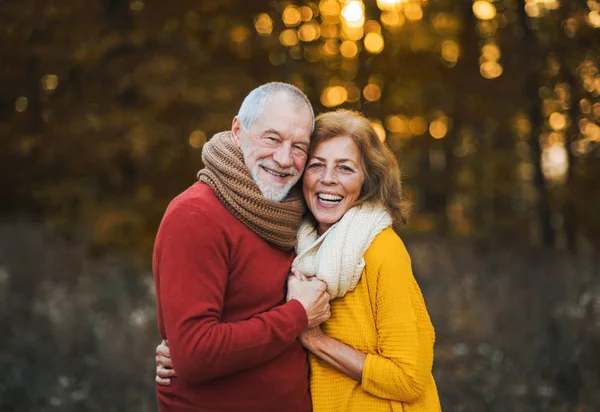 A senior couple standing in an autumn nature at sunset, hugging. — Stock Photo, Image