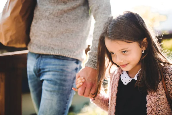 Una niña pequeña con un padre irreconocible caminando al aire libre en el parque en otoño . — Foto de Stock