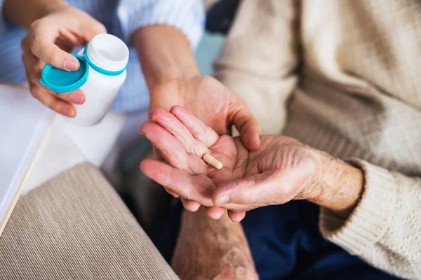Un visiteur de santé méconnaissable expliquant à une femme âgée en fauteuil roulant comment prendre des pilules . — Photo