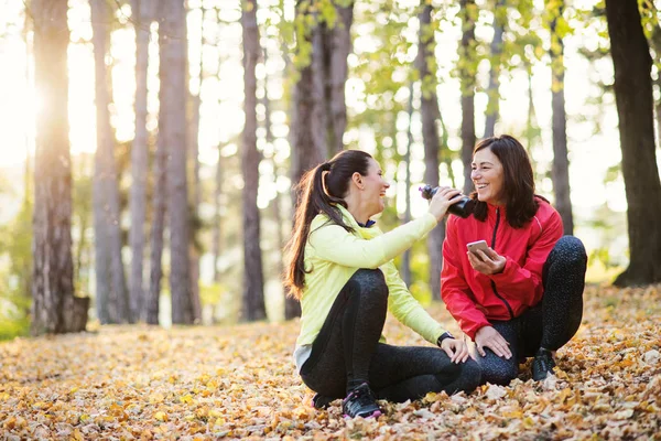 Dwie biegaczki z smartphone na zewnątrz odpoczynek w lesie w jesień natura. — Zdjęcie stockowe