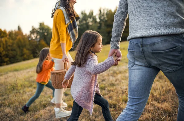 秋の自然の中を歩く 2 つの小さい子供を持つ若い家族の中央部. — ストック写真