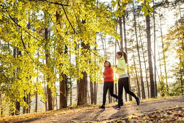 Dwie biegaczki jogging na zewnątrz w lesie w jesień natura. — Zdjęcie stockowe