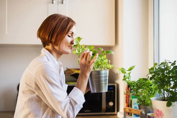 Młoda kobieta stoi w pomieszczeniu w kuchni, pachnące zioła. — Zdjęcie stockowe