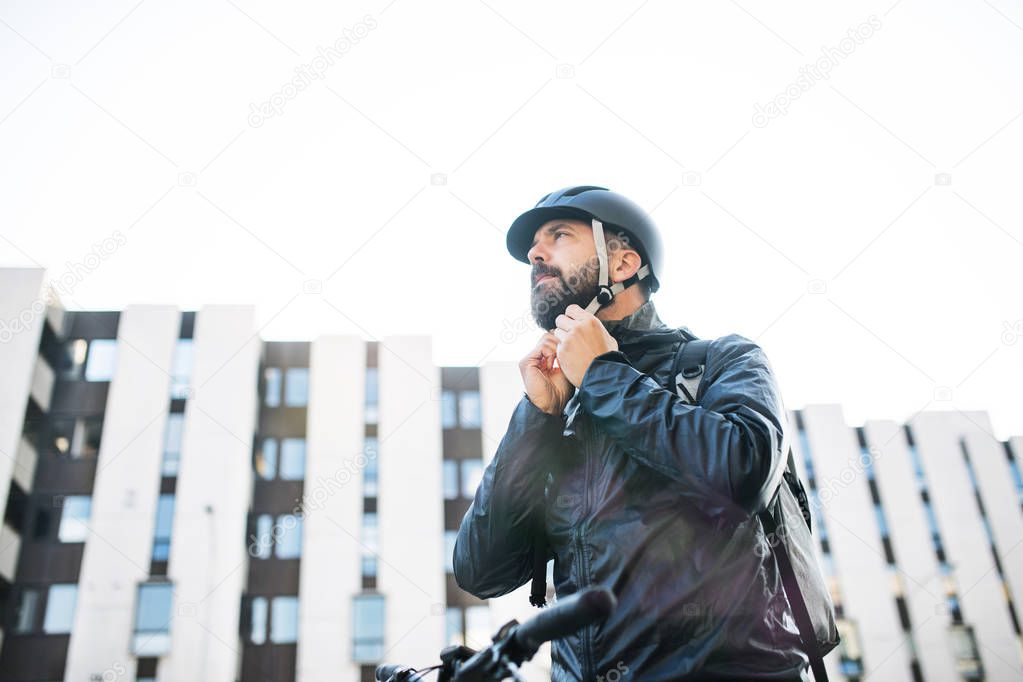 Male courier with bicycle delivering packages in city, putting on a helmet.