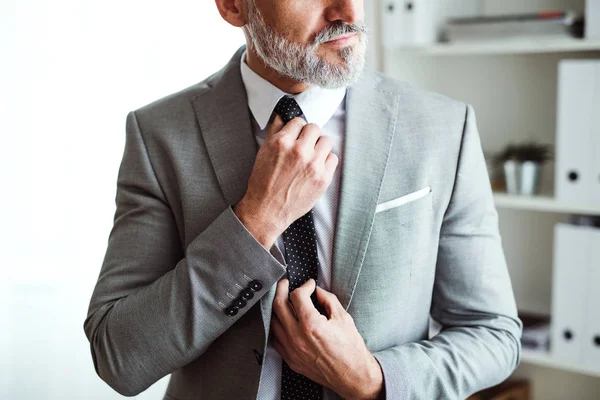 A midsection of mature businessman standing in an office, holding a tie. — Stock Photo, Image