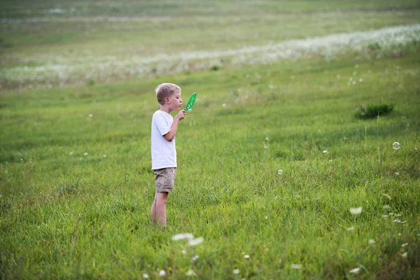 Ένα μικρό αγόρι στη φύση σε μια καλοκαιρινή μέρα, φυσώντας φυσαλίδες σαπουνιού. — Φωτογραφία Αρχείου