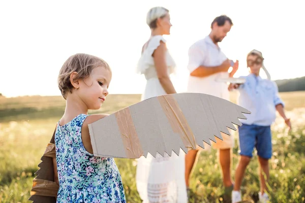 Ung familie med små børn leger på en eng i naturen . - Stock-foto