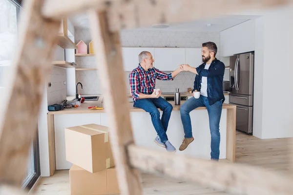 Un homme mûr avec son père aîné ameublement nouvelle maison, un nouveau concept de maison . — Photo