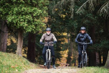 Açık havada sonbaharda Park'ta bir yolda Bisiklete binme electrobikes üst düzey bir çiftle.