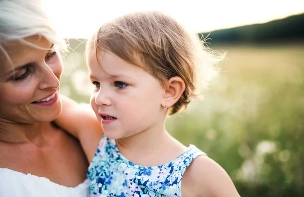 Young mother holding a small daughter in nature. — Stock Photo, Image