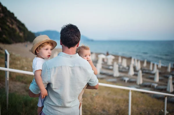 Una vista posteriore del padre con due bambini piccoli sulla spiaggia in vacanza estiva . — Foto Stock