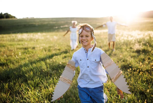 Familia joven con niños pequeños jugando en un prado en la naturaleza . — Foto de Stock