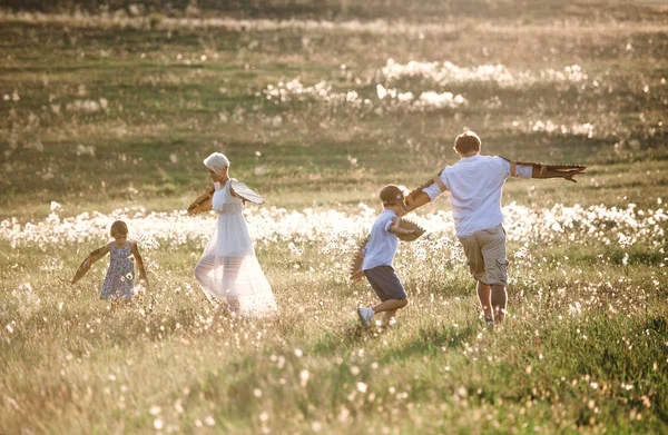 Família jovem com crianças pequenas brincando em um prado na natureza . — Fotografia de Stock