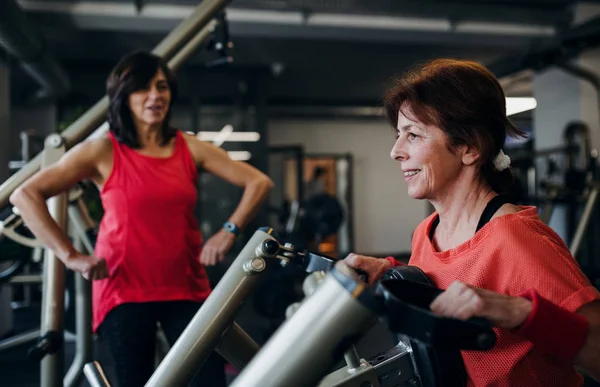 Zwei gut gelaunte Seniorinnen im Fitnessstudio beim Krafttraining. — Stockfoto