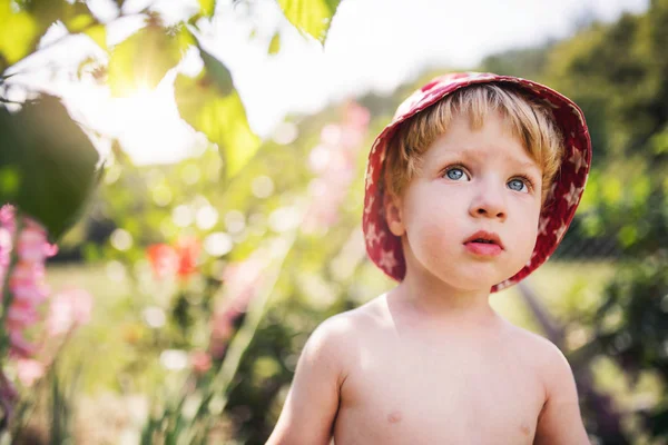 Piccolo ragazzo con un cappello in piedi all'aperto in giardino in estate. Copia spazio . — Foto Stock