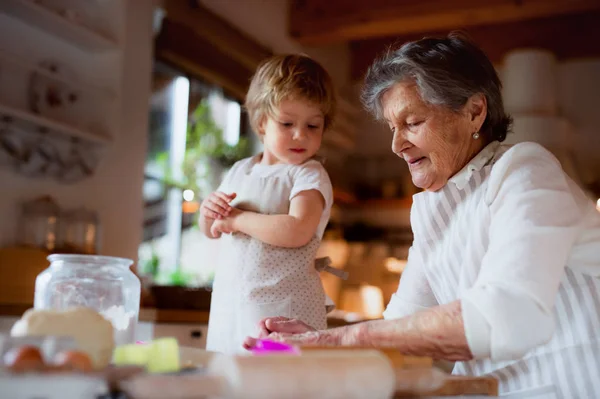 Grand-mère aînée avec un petit garçon en bas âge faisant des gâteaux à la maison . — Photo