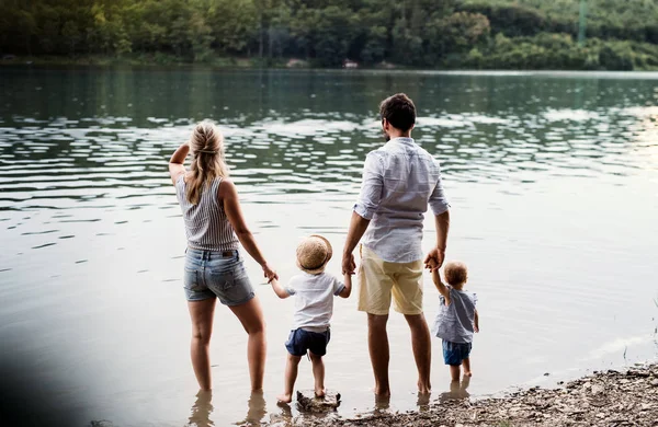 Eine Rückansicht einer Familie mit zwei Kleinkindern im Sommer im Freien am Fluss. — Stockfoto