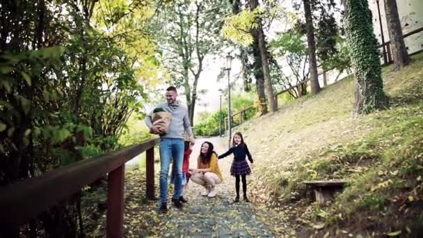 Una familia joven con niños caminando en el parque en otoño. Movimiento lento . — Vídeos de Stock