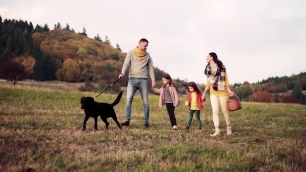 一个年轻的家庭, 有两个小孩, 还有一只狗在秋天的大自然中散步. — 图库视频影像