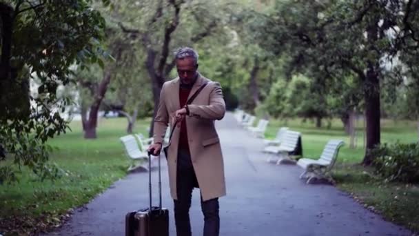 Mogen affärsman med resväska promenader i en park i en stad, kontroll av tid. — Stockvideo