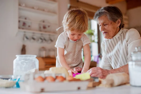 Grand-mère aînée avec un petit garçon en bas âge faisant des gâteaux à la maison . — Photo