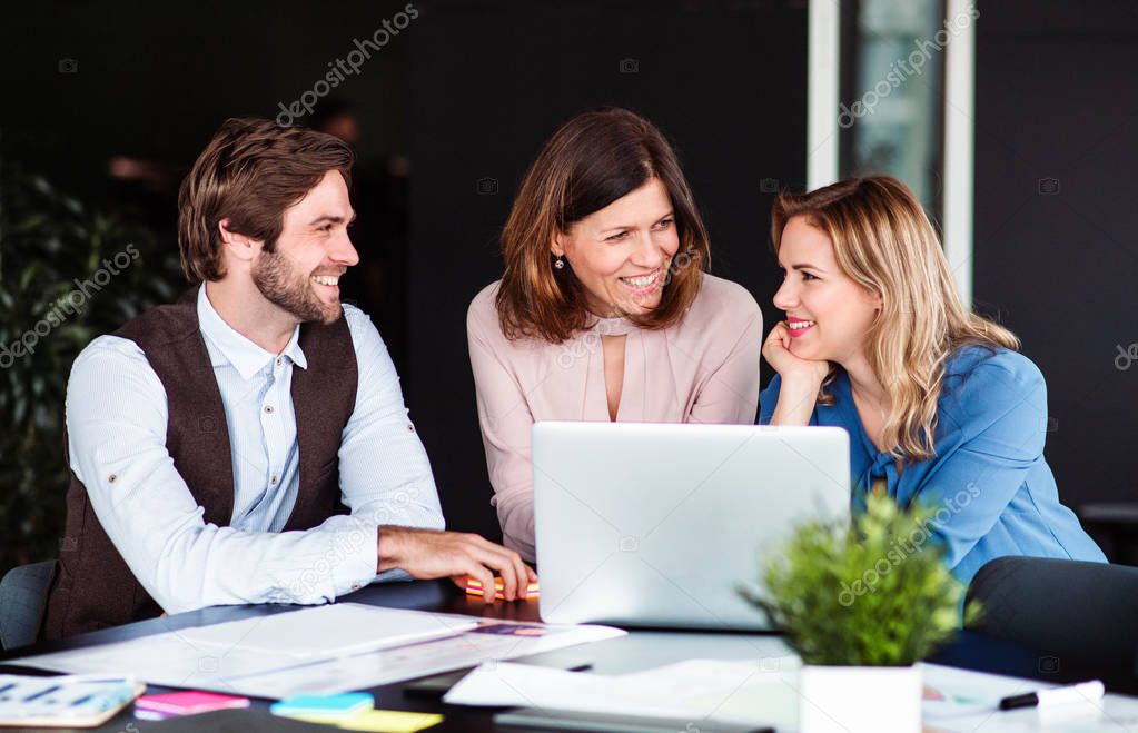 A group of business people sitting in an office, using laptop.