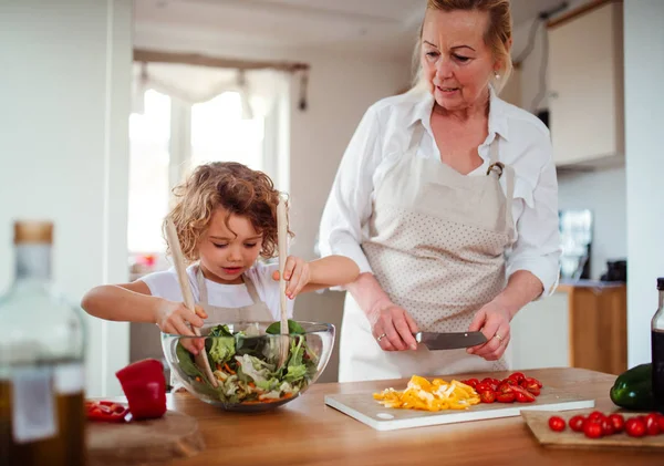 A portrait of small girl with grandmother at home, preparing vegetable salad. — Stock Photo, Image