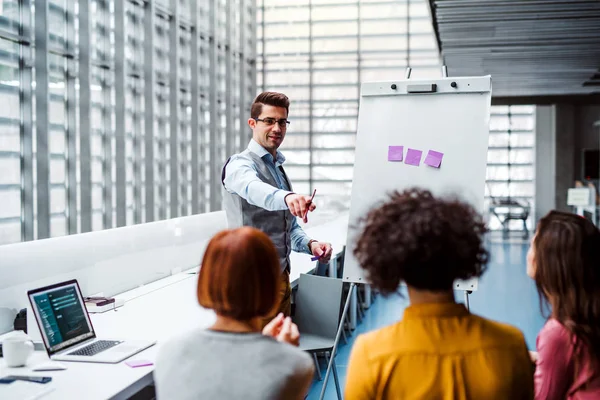 Gruppe junger Geschäftsleute im Amt, die einer Präsentation lauschen. — Stockfoto