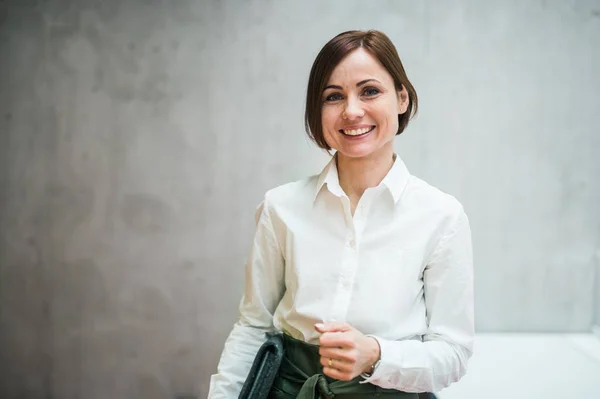 Porträt einer jungen Geschäftsfrau, die im Büro steht und in die Kamera blickt. — Stockfoto