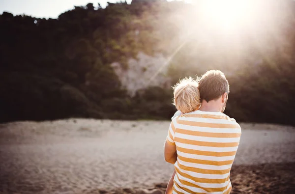 Achteraanzicht van de vader met een peuter jongen staande op het strand op zomer vakantie bij zonsondergang. — Stockfoto