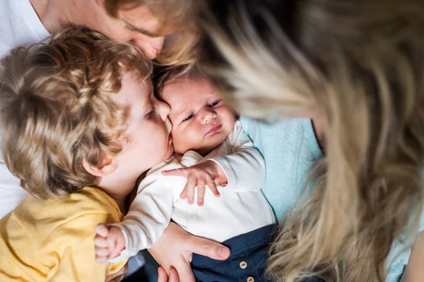 Jovens pais com bebê recém-nascido e pequeno filho criança em casa, um close-up . — Fotografia de Stock