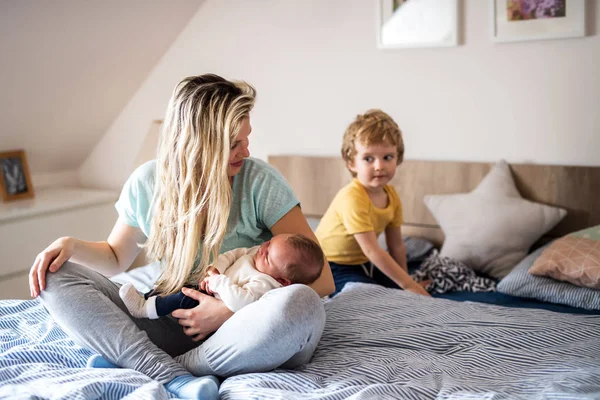 집에서 신생아와 그의 동생과 함께 아름 다운 젊은 어머니. — 스톡 사진