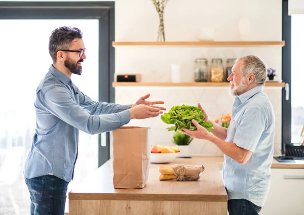 Un hijo hipster adulto y padre mayor en casa, desempacando las compras . — Foto de Stock