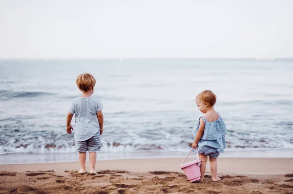 Dua anak kecil bermain di pantai pasir saat liburan musim panas . — Stok Foto
