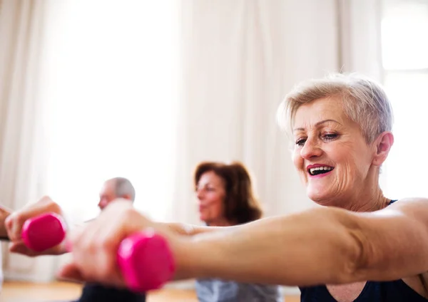 Group of senior people doing exercise with dumbbells in community center club. — Stock Photo, Image