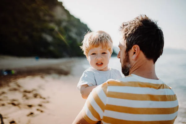 Visão traseira do pai com um menino na praia de férias de verão . — Fotografia de Stock