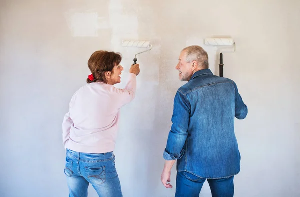 Vue arrière des murs de peinture de couple de personnes âgées dans la nouvelle maison, concept de déménagement . — Photo