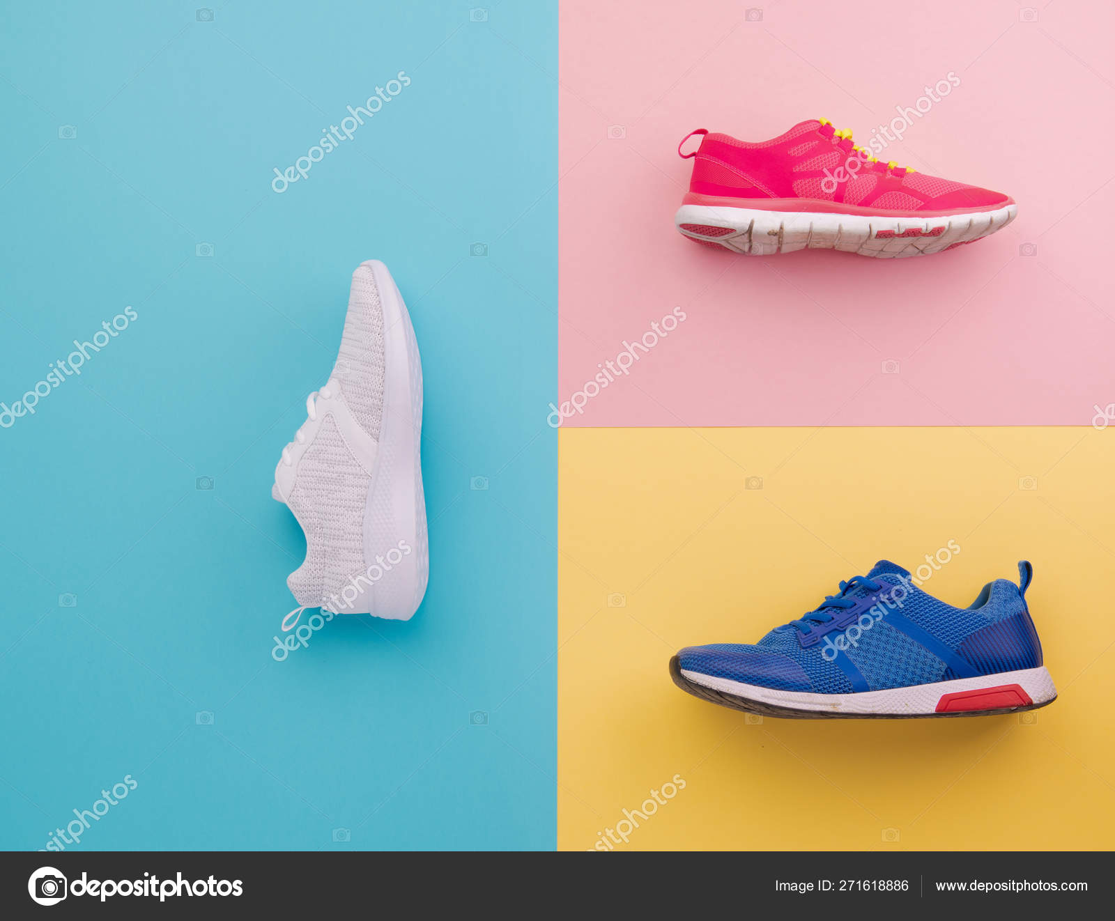 A studio shot of running shoes on bright color Flat
